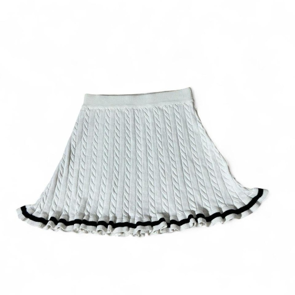 Willow & Wind Fisherman Cable Knit Mini Skirt Black Striped Ruffle Hem XS Preppy